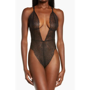 #SUZY BLACK Martine Bodysuit Lingerie M Black Lace Open Back Plunge Neck NWOT